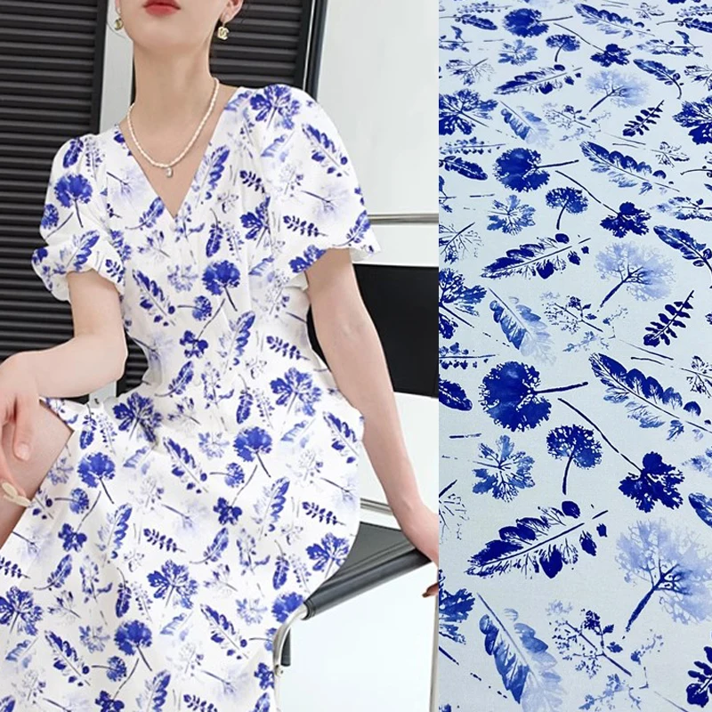 Blue Leave Printed White Silk Fabric for Diy Dress Pants 93% Silk & 7% Spandex Silk Crepe de Chine Fabric 140CM Wide18MM D1295