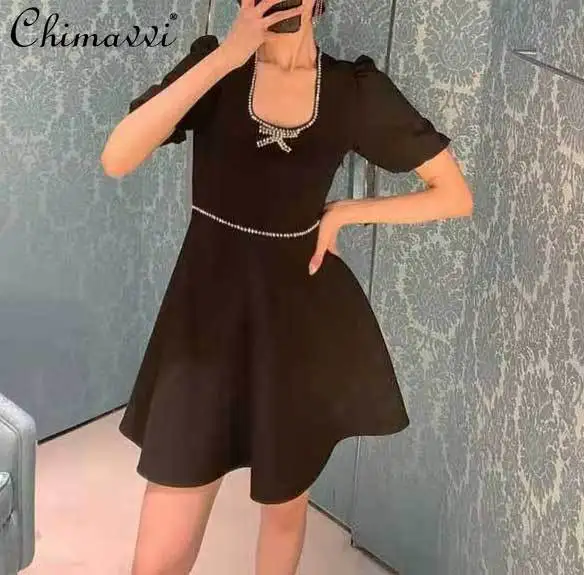 

French Elegant Socialite Diamond Bow Square Collar Puff Sleeve High Waist Slim Fit A-line Black Evening Short Dress Women Summer