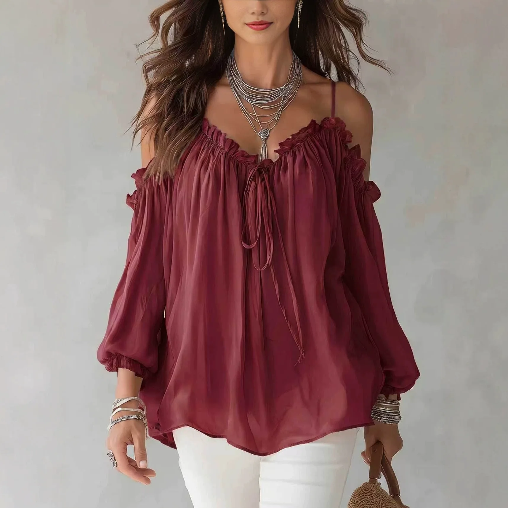 Women's Bohemian Solid Color Shirt V-neck Off Shoulder Strap 3/4 Fluffy Lantern Sleeve Casual Fashion Daily Vacation Beach Top