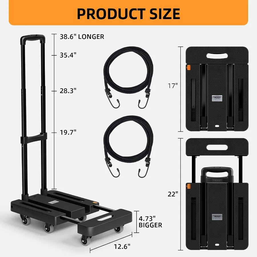 Folding Hand Trucks Heavy Duty Dolly Cart with 6 Wheels and 2 Elastic Ropes Foldable and Ideal for Luggage Travel Moving Shoppi