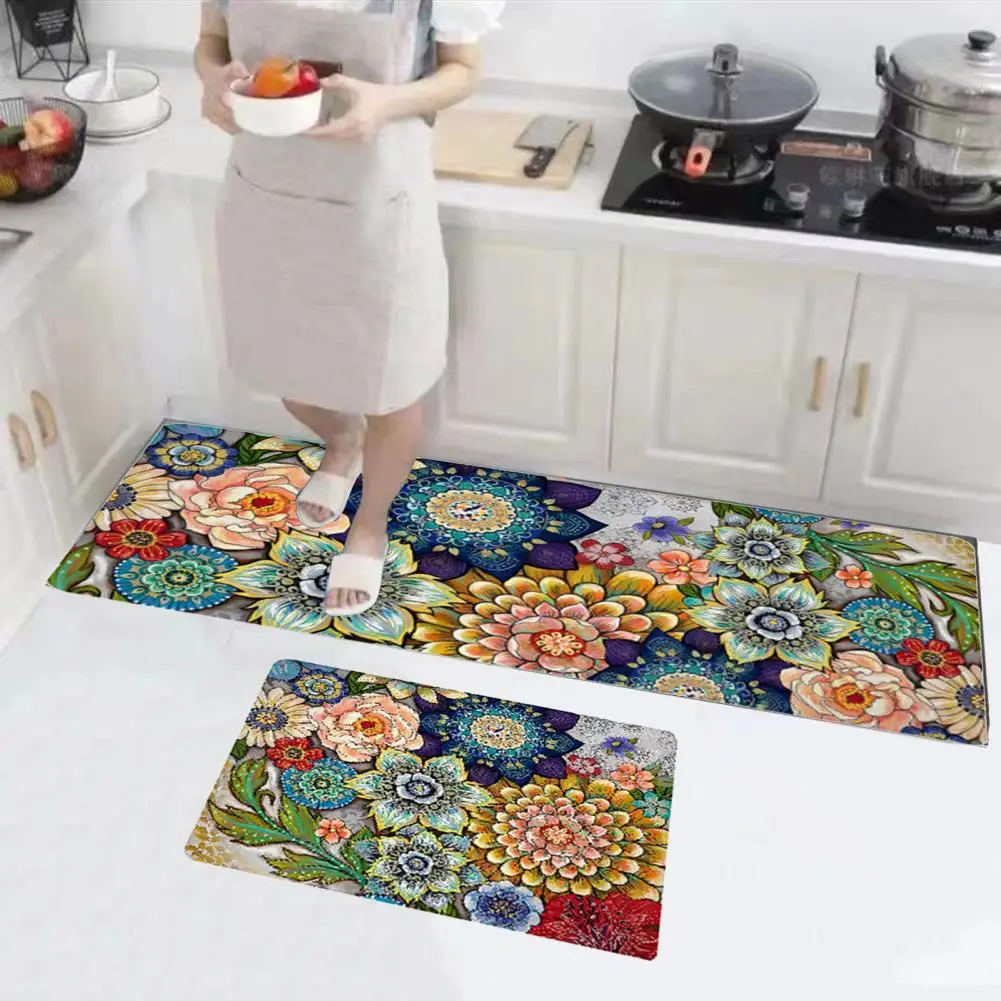 Kitchen Mat Floral Print Kitchen Carpets Vibrant Color Wear Resistant Non slip Mats for Easy Anti fouling Foot Pad