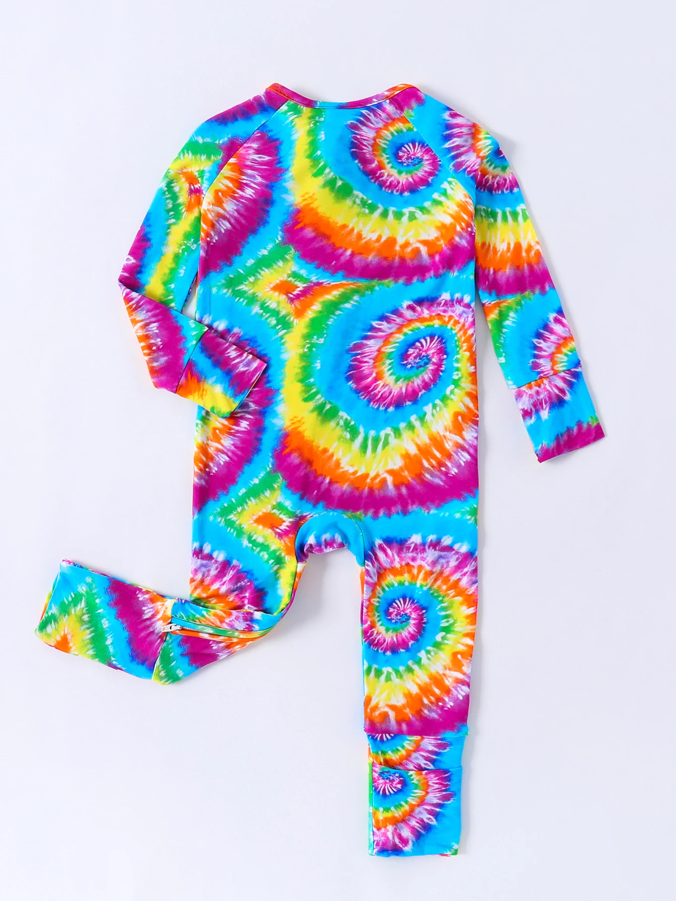 Baby Bamboo fiber thin soft breathable fabric Rainbow tie dye print (tie dye random) reversible foot cover zipper crawl suit