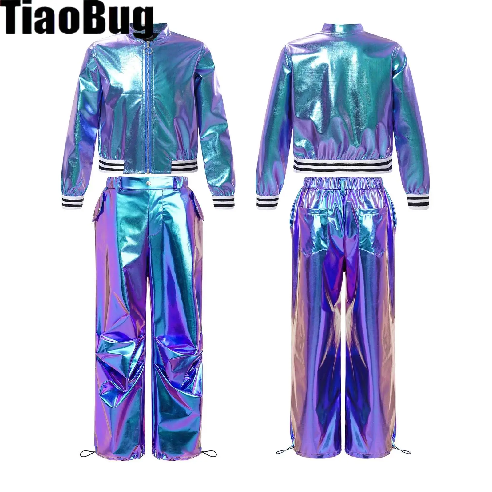 

Kids Girls Jazz Hip-Hop Outfit Stand Collar Zipper Striped Hem Metallic Jacket with Openings Ruched Shiny Cargo Pants