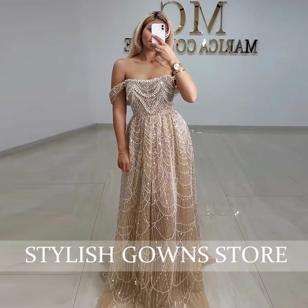 Elegant Pearls Aline Evening Celebrity Dress for Women 2025 Off the Shoulder Long Formal Prom Wedding Party Gowns Customized