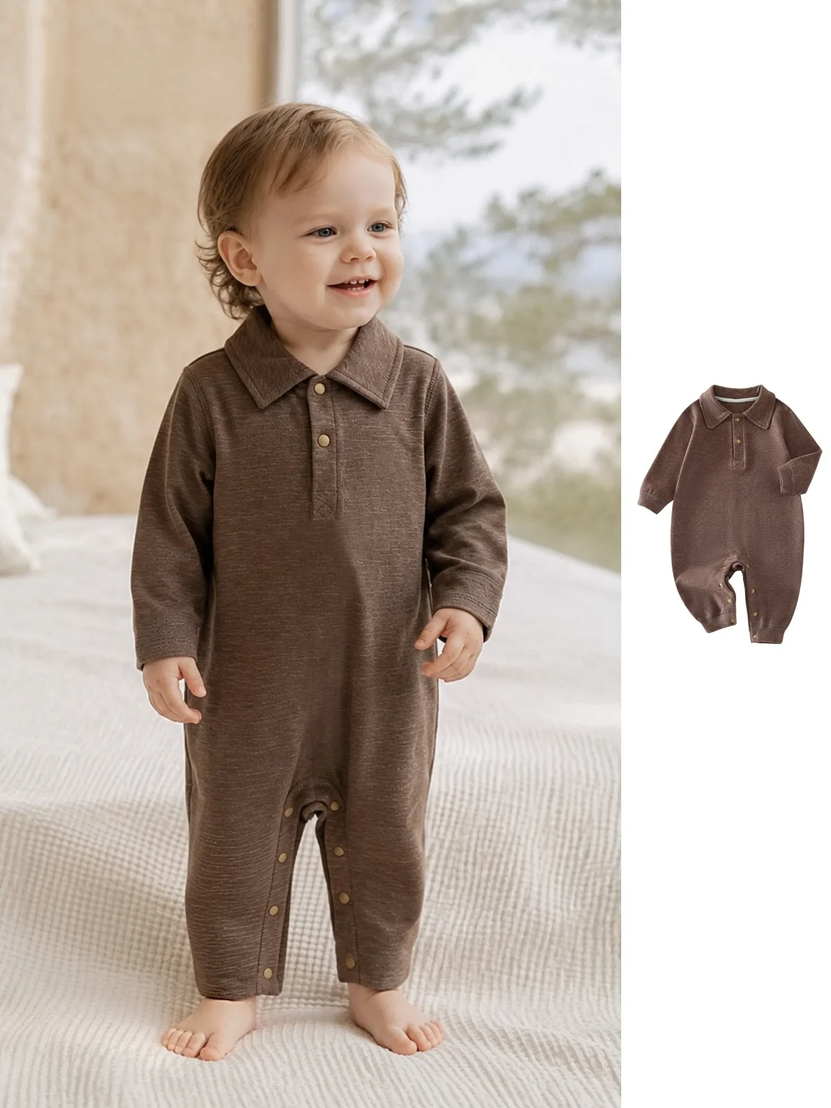Autumn Casual Baby Bodysuit Solid Color Turn Down Collar Romper For 3-24M Boys Girls Soft Infant Jumpsuit