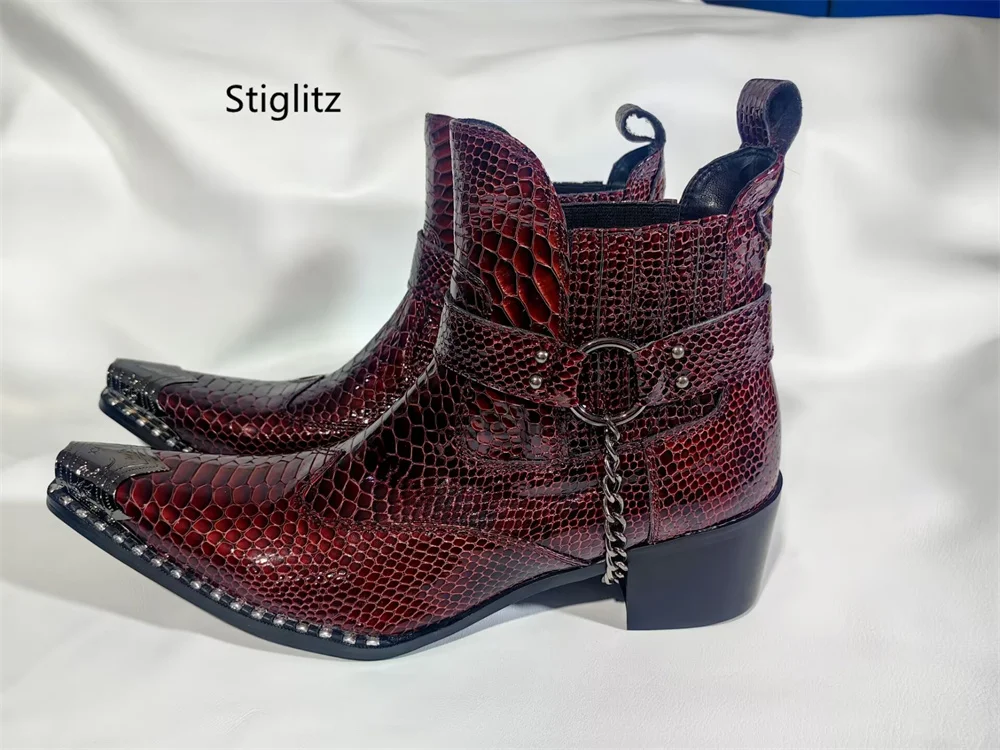 Metal Pointed Toe Chain Chelsea Boots for Men Thick High Heels Genuine Leather Short Chelsea Boots Handmade Party Dress Shoes