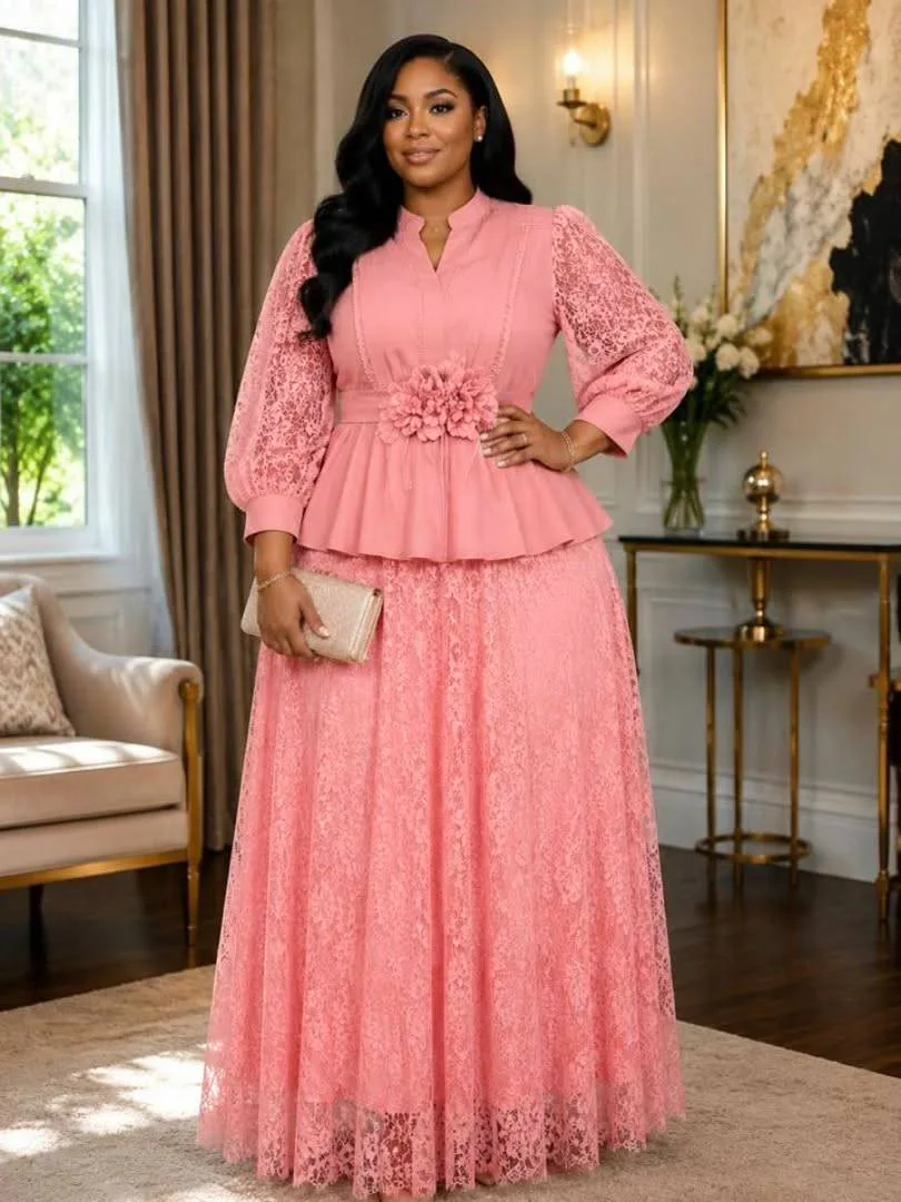 Plus-size Women's Pink Lace Two-piece Set With Stand-up Collar, Lantern Sleeves, And Three-dimensional Floral Design Waist-cinch