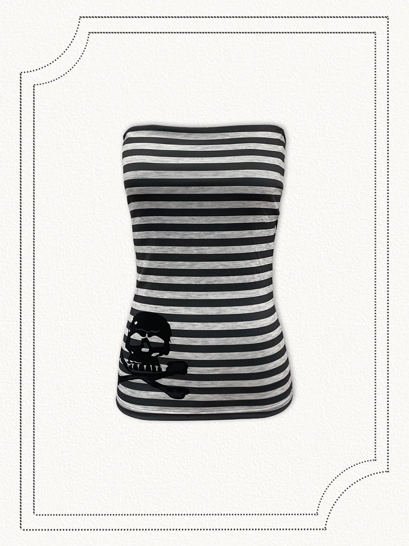 Schwarz-weißes, horizontal gestreiftes Tube-Top mit Totenkopf-Kreuzknochen-Print, Punk-Alt-Stretch, schulterfreies Crop-Top
