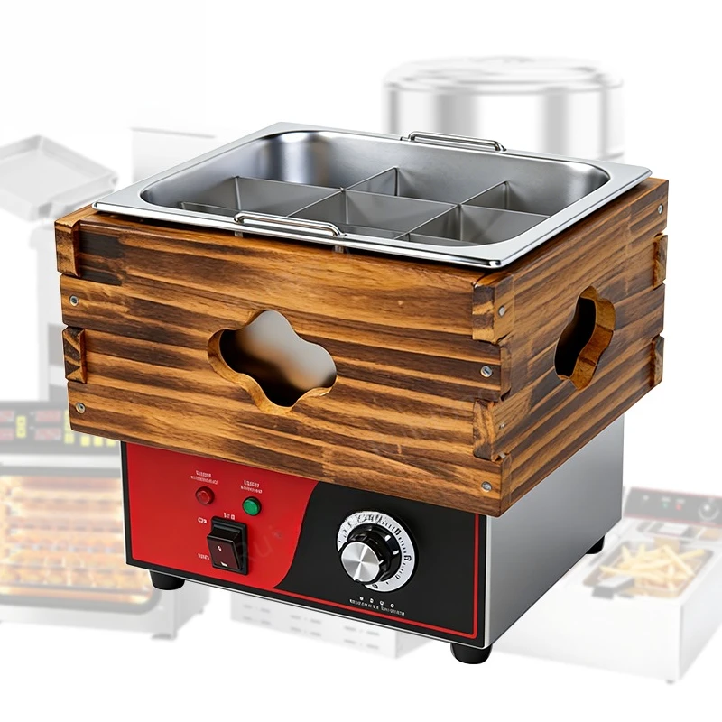 Commercial portable electric wok, wood grain design, non-stick stainless steel, 1300W, plug and play, easy to clean