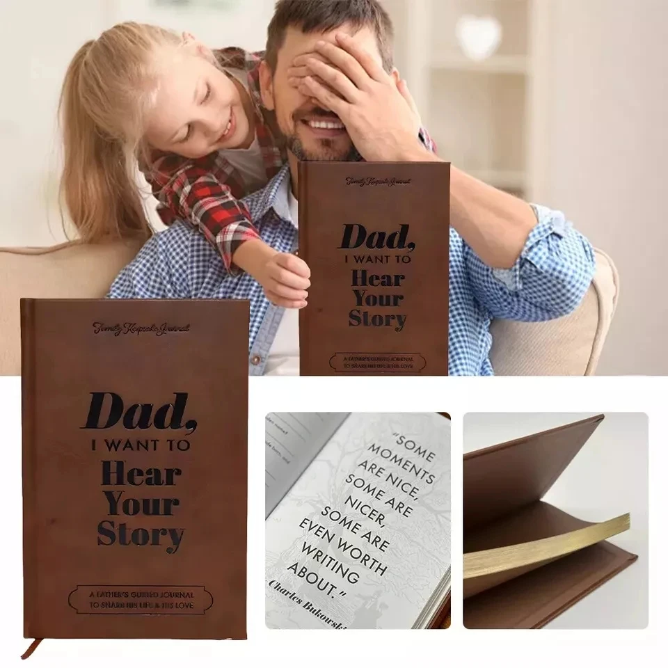 Dad, I Want to Hear Your Story: Father's Day Leather Gift Wrap Hardcover, Gold Gilded Page Edge, Guide Diary to Share His Love