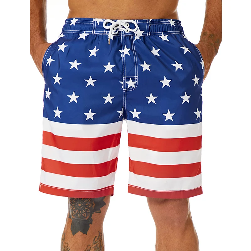 Colorful Stripe Pattern Beach Shorts For Men USA Flag 3D Print Swim Trunks Summer Surf Board Shorts Loose Short Pants Streetwear