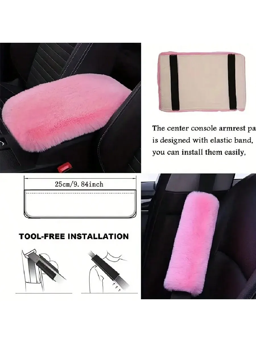 

Pink Plush Car Center Console Armrest Pad Universal Elastic Fit Tool-Free Installation