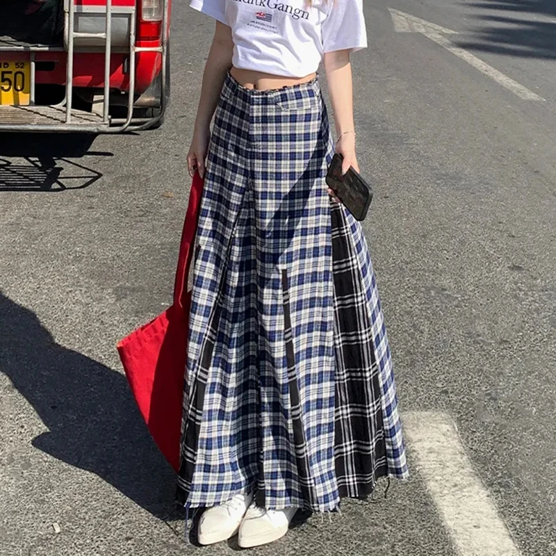 

Women Korean Plaid Skirt Summer Pleated High Waisted Harajuku Skirt Draped A Line Patchwork Y2K Preppy Style Skirt