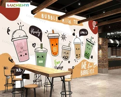 Papel de parede custom cartoon bubble milk tea 3d wallpaper mural, restaurant juice shop kitchen dining room wall papers sticker