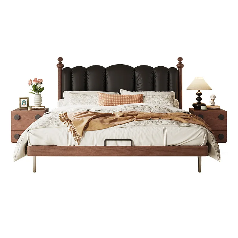 

Retro, solid wood bed, French, black, leather, medieval 1.8 meters
