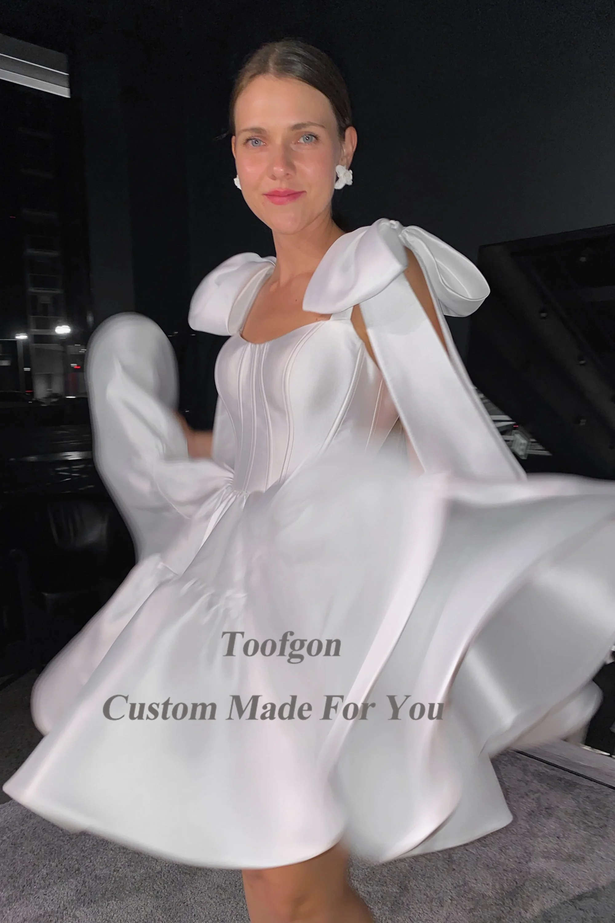 Toofgon White A Line Short Wedding Dresses Bride Bow Straps Corset Back Princess Wedding Gowns Formal Prom Party Bride Dress