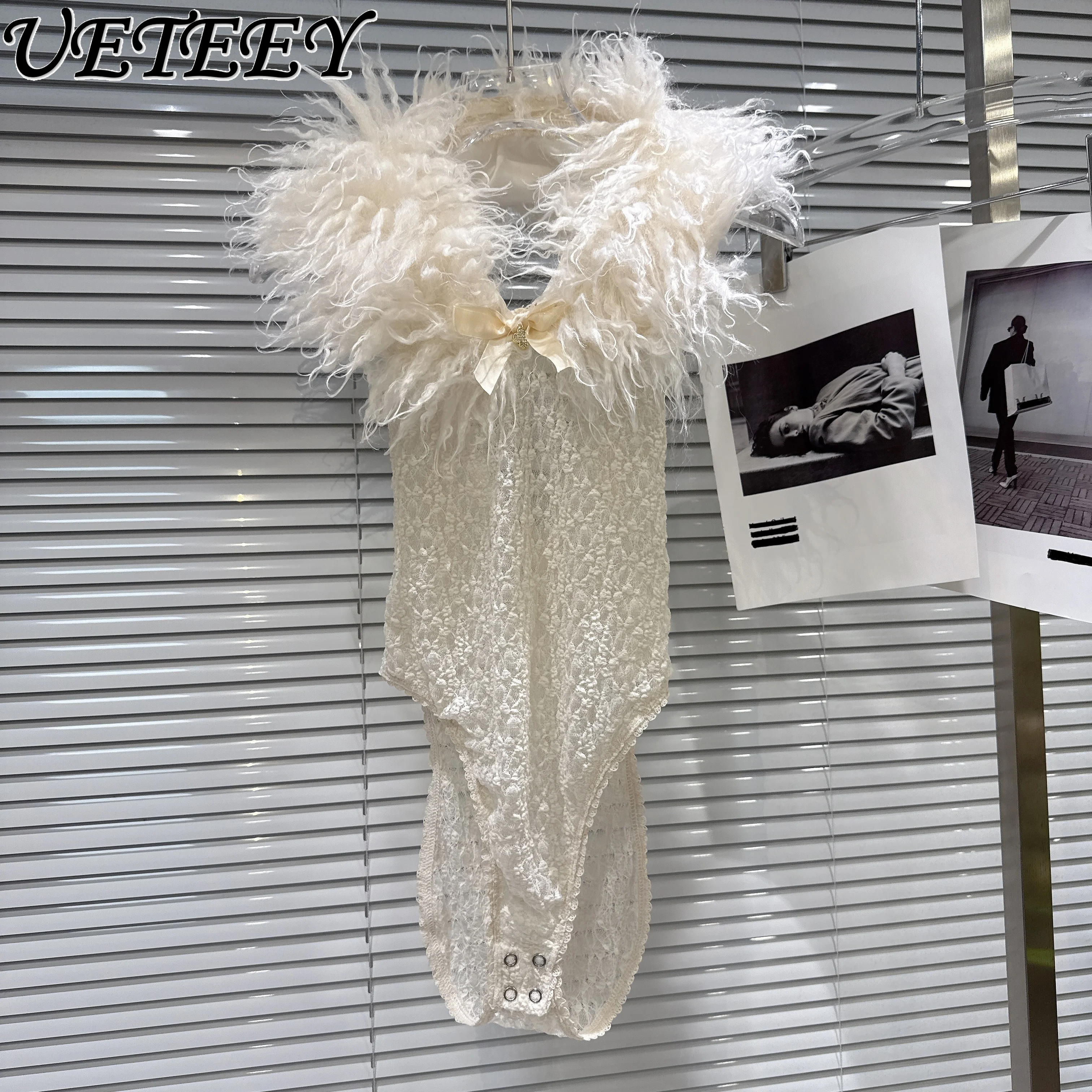 

Spring New Fashion Hot Girls Faux Fur Imitation Lamb Fur Collar One-Piece Jumpsuit Lace Camisole Stretch Slim Fit Solid Vest