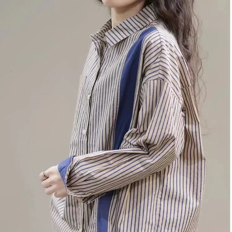 Retro Spring Autumn 2024 Women\'s New Spliced Polo Collar Button Pocket Stripe Fashion Loose Casual Long Sleeve Blouses Shirts