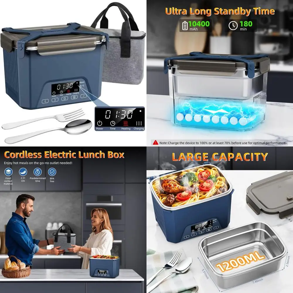 

Беспроводной электрический ланч-бокс объемом 1,2 л с автоматическим подогревом на батарейках, без BPA, идеально подходит для приготовления еды (синий)