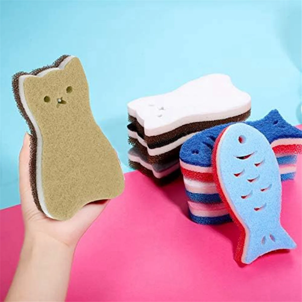 

A75K 8 Pieces Kitchen Scrub Sponges Cats Fish Cleaning Sponge Dishwashing Scrubber Non-Scratch Multi-Use Sponges