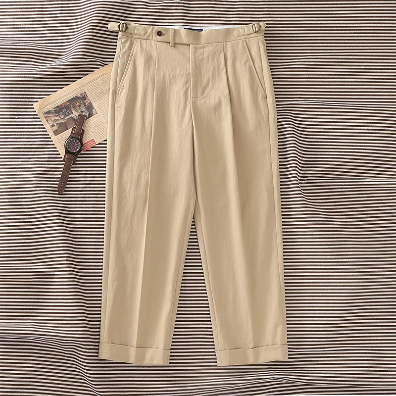 Casual style, blended fabric, men's light khaki twill relaxed straight-fit casual pants with Parisian button, cotton