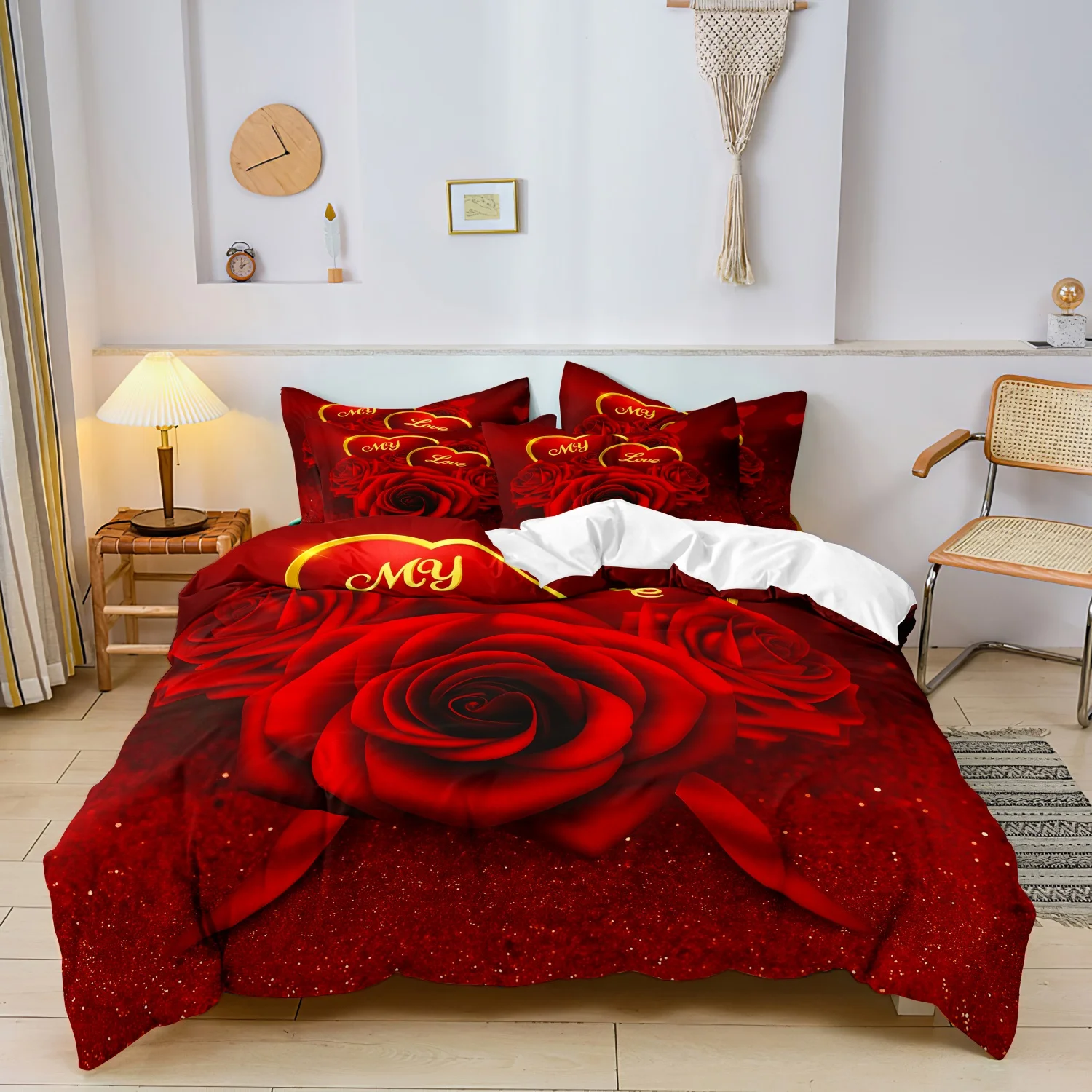 Red Glitter Rose My Love Golden Heart 3 Pieces Duvet Cover Set, Romantic Floral Print Bedding, Soft Bedding Decor Couples
