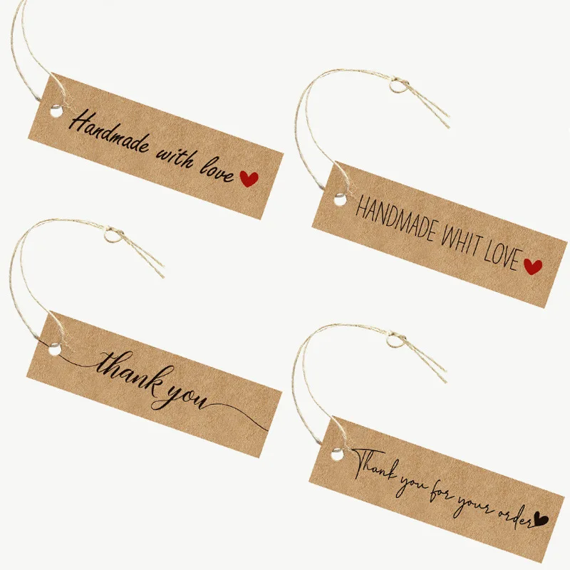 Rectangle Brown Craft Paper Hanging Thank You Card Greeting Label Tag Handmade With Love Gift Box Jewelry Packaging Supplies