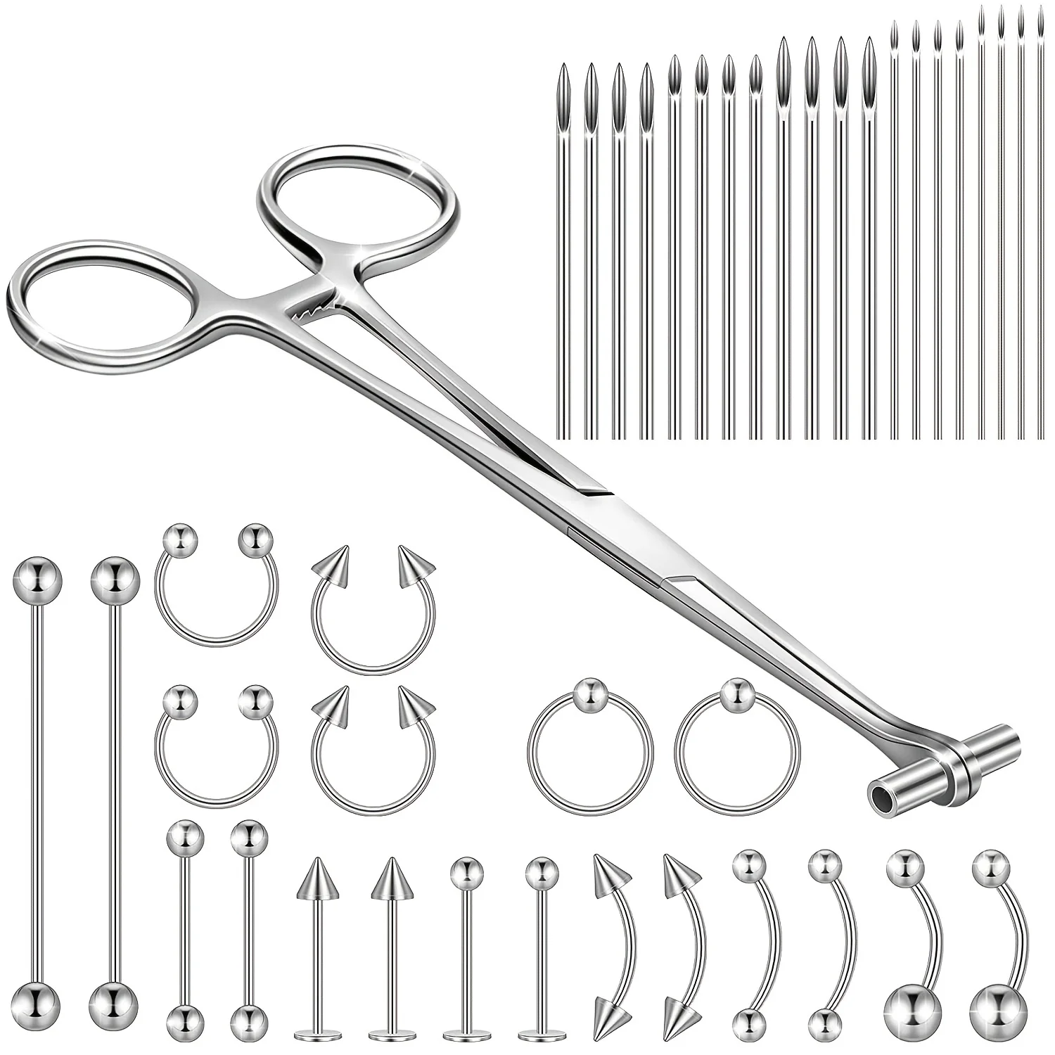 41pcs Body Piercing Tool Kit Include Septum Forceps Clamp Pliers 20 Pcs 316L Stainless Steel Piercing Needles And 20 Pcs Jewelry