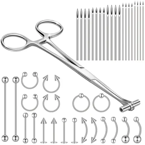 Il kit di strumenti per piercing al corpo da 41 pezzi include pinze per setto, pinze per morsetto, 20 aghi per piercing in acciaio inossidabile 316L e 20 gioielli