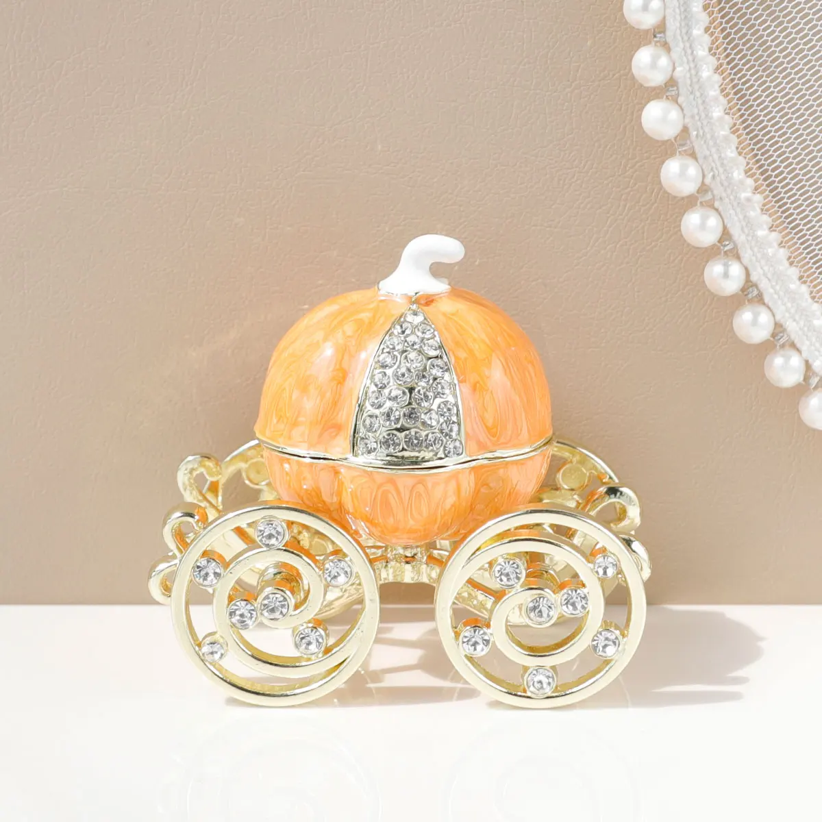 Hand Painted Enameled Cinderella Pumpkin Carriage Decorative Hinged Jewelry Trinket Box Unique Gift for Family