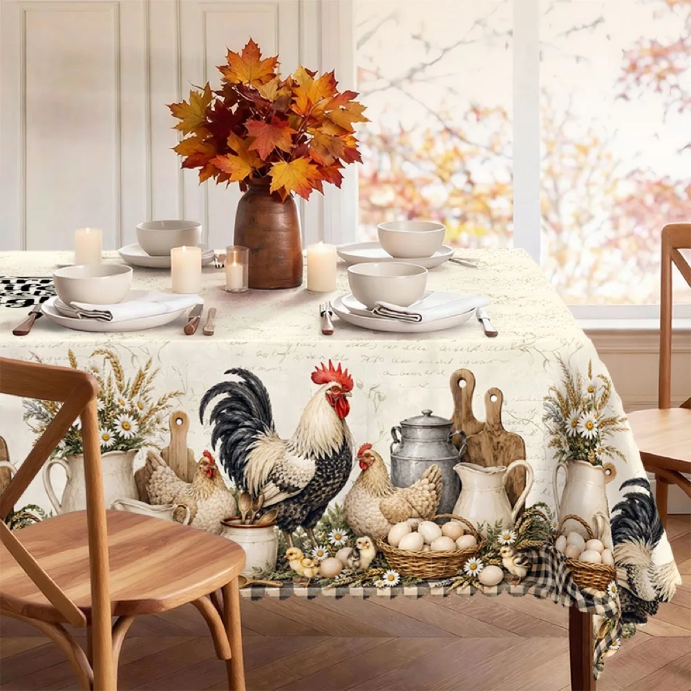 Farmhouse Tablecloth with Roosters, Sheep, Garden Cart for Indoor/Outdoor Camping decor, Rectangular/Round/Oval