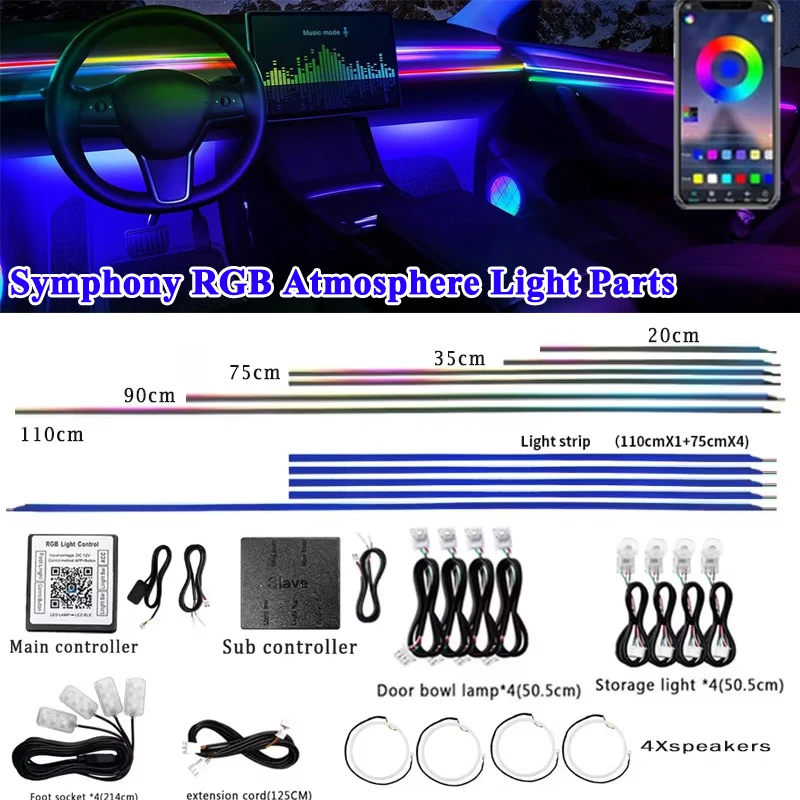 

18 в 1, детали атмосферного освещения Symphony RGB, основной дополнительный контроллер, 20/35/75/110 см, удлиненный линейный динамик, лампа для хранения ног, светильник