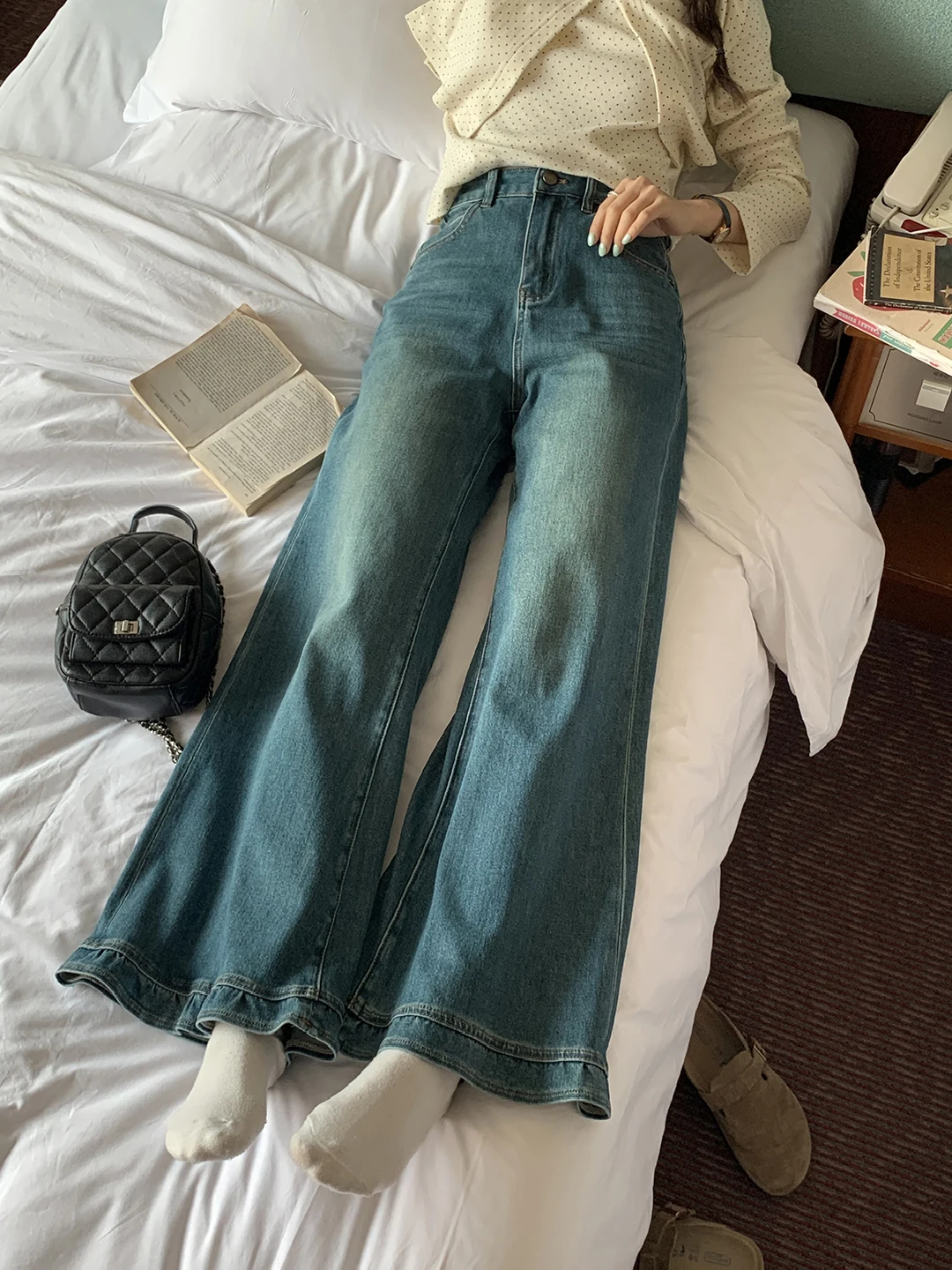 

Loose Wide Leg Denim Jeans Women's Korean Style Floral Lace High Waist Bell Bottoms Casual Summer New Fashion Imimtuan