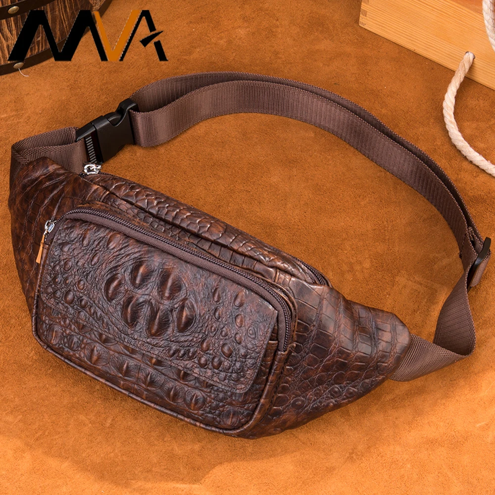 

MVA Men's Vintage Genuine Leather Fanny Pack Waist Bag Travel Crossbody Shoulder Bag Sling Chest Bags With Crocodile Cowhide