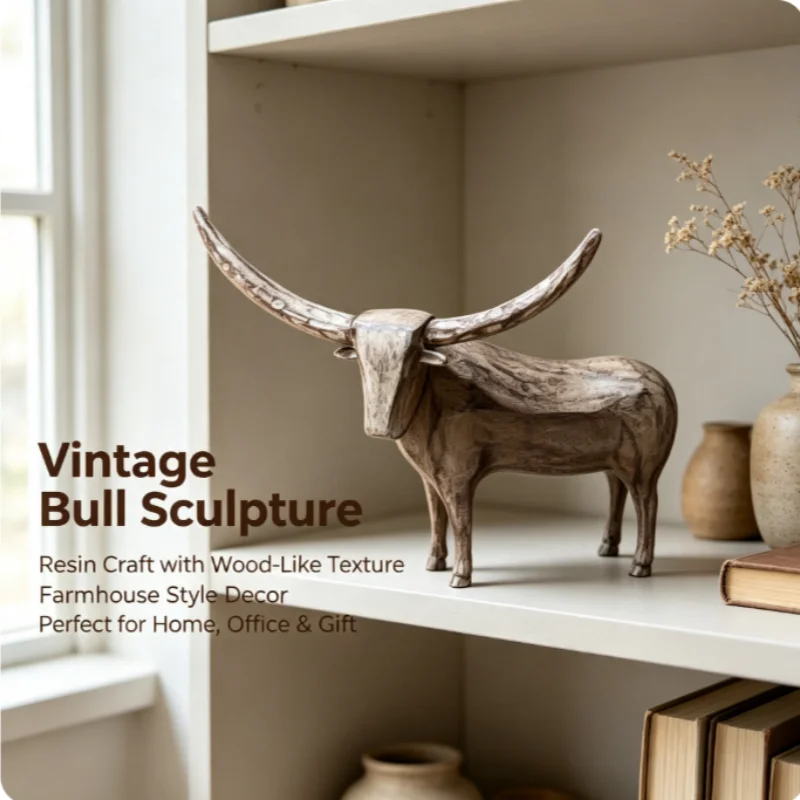 Western Decor Sculpture Vintage Figurine For Living Room Office Shelf Rustic Resin Cattle Statue Art Ornament