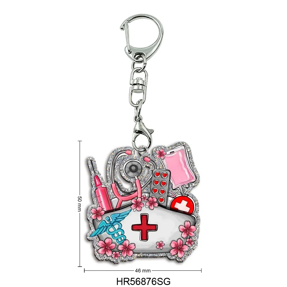 

Silver Chunky Glitter Acrylic Keychain Cartoon Nurse Day Pendant Photo Flash Charms Printing Personality Doctor Key Chains