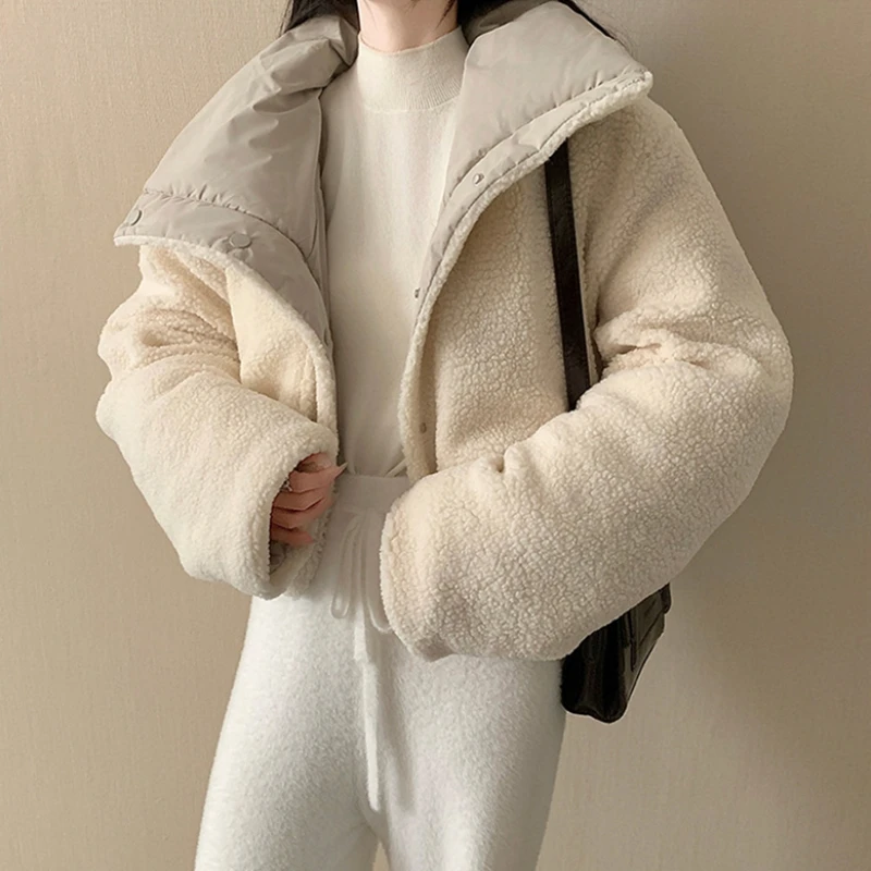 

Новые модные зимние толстые теплые бархатные пуховые куртки с хлопковой подкладкой, двусторонние короткие пальто, женские парки, стеганая куртка с лацканами