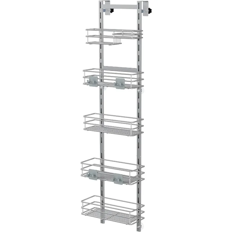 Over the Door Shower Caddy Adjustable 5 Tier Silver Grey,Bathroom Hanging Organizer Shelf Rustproof with 4 Hooks,Shower Basket