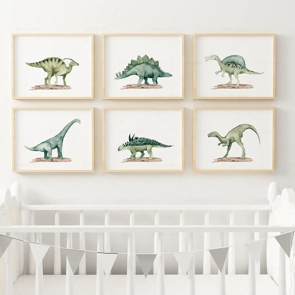 

Cute Dinosaur Watercolor Animal Nursery Nordic Poster And Print Wall Art Canvas Painting Wall Picture Boy Kids Kawaii Room Decor