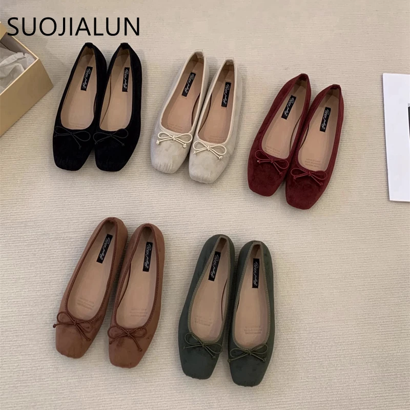 SUOJIALUN 2024 Spring New Women Flat Shoes Fashion Round Toe Shallow Slip On Ballerinas Shoes Soft Flat Heel Casual Ballet Shoes