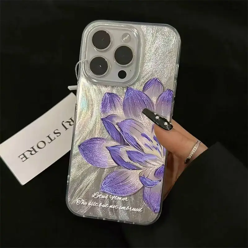 Popular Fashy Purple Lotus Phone Case For IPHONE 16 PRO 11 12 13 14 15 Promax XS XR 7 8 Plus SE Silvery Minimalism Pattern Cover