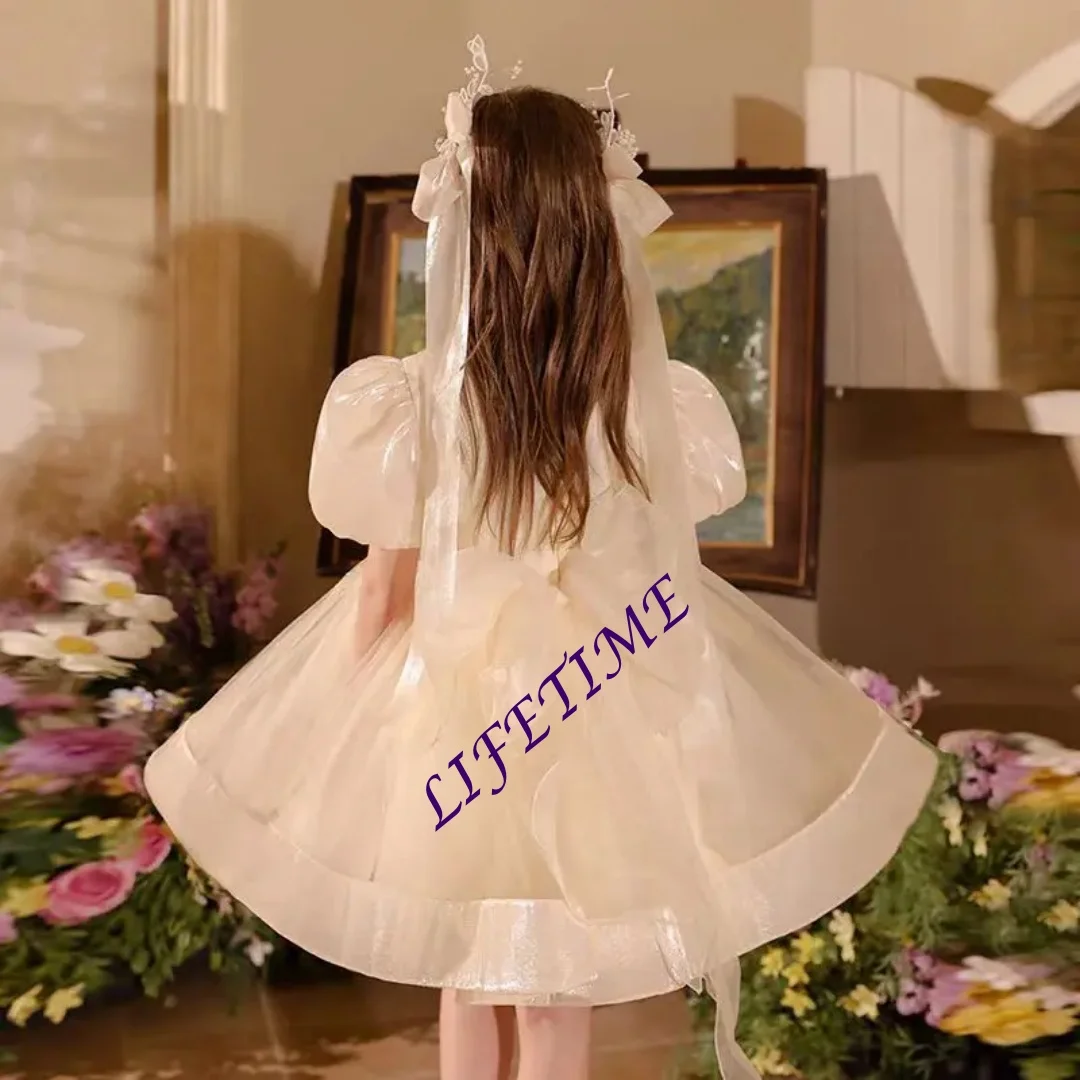 أنيقة الشمبانيا ثلاثية الأبعاد الزهور فتاة فستان مطرز ألف خط الأميرة الاطفال الزفاف عيد ميلاد أداء فستان حفلات مخصص #1
