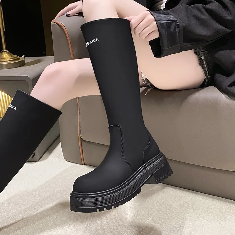 Women Boots with Thick Soles Medium Sleeves Autumn Long Sleeves with Back Zippers Elephant Gray Knight Boots for Women in Europe