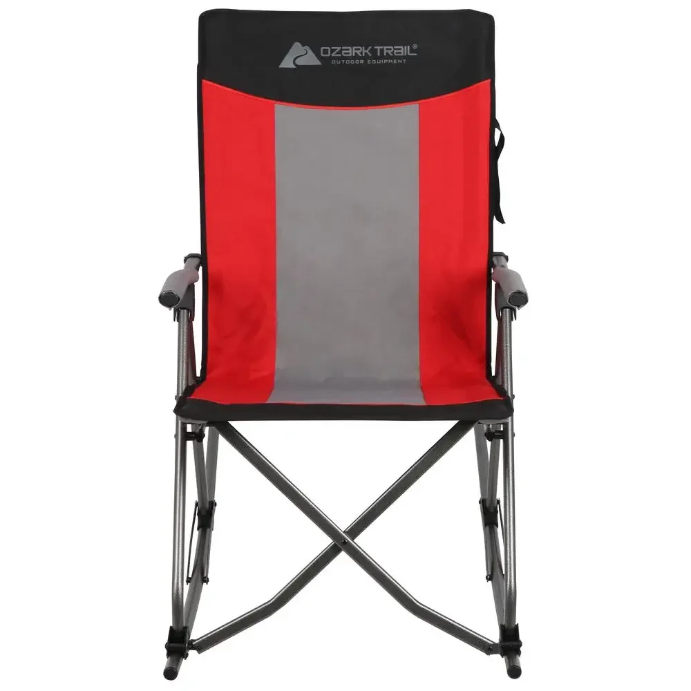 Camping Rocking Chair Red Adult Folding Steel Frame Curved Feet Water-Resistant Compact Portable Space-Saving Hard Arms 300lbs