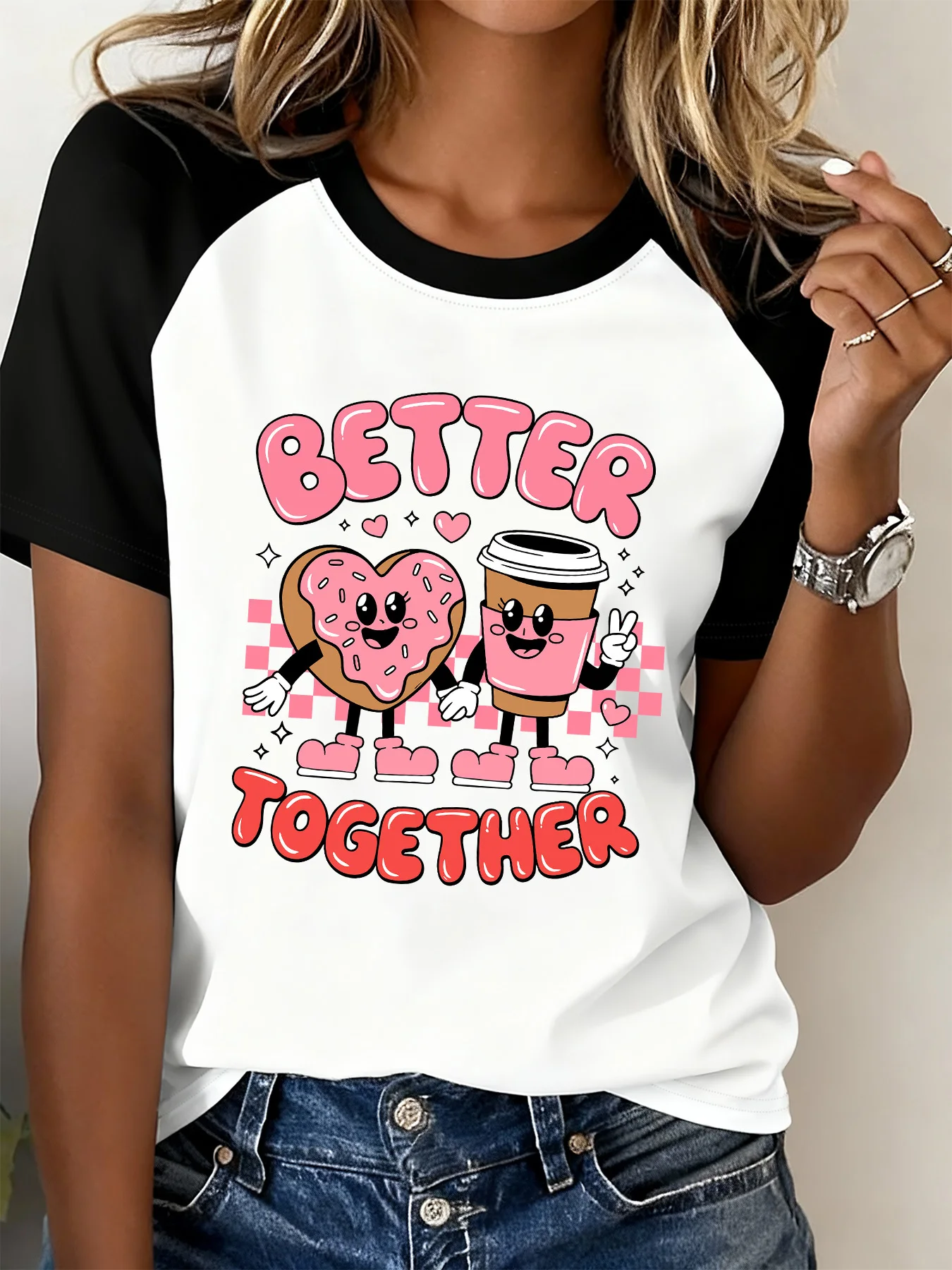 Fashionable T-Shirt with Black and White Color Combination, Heart Donut Coffee Print, Raglan Short Sleeves, Fun Graphic Casual T-Shirt