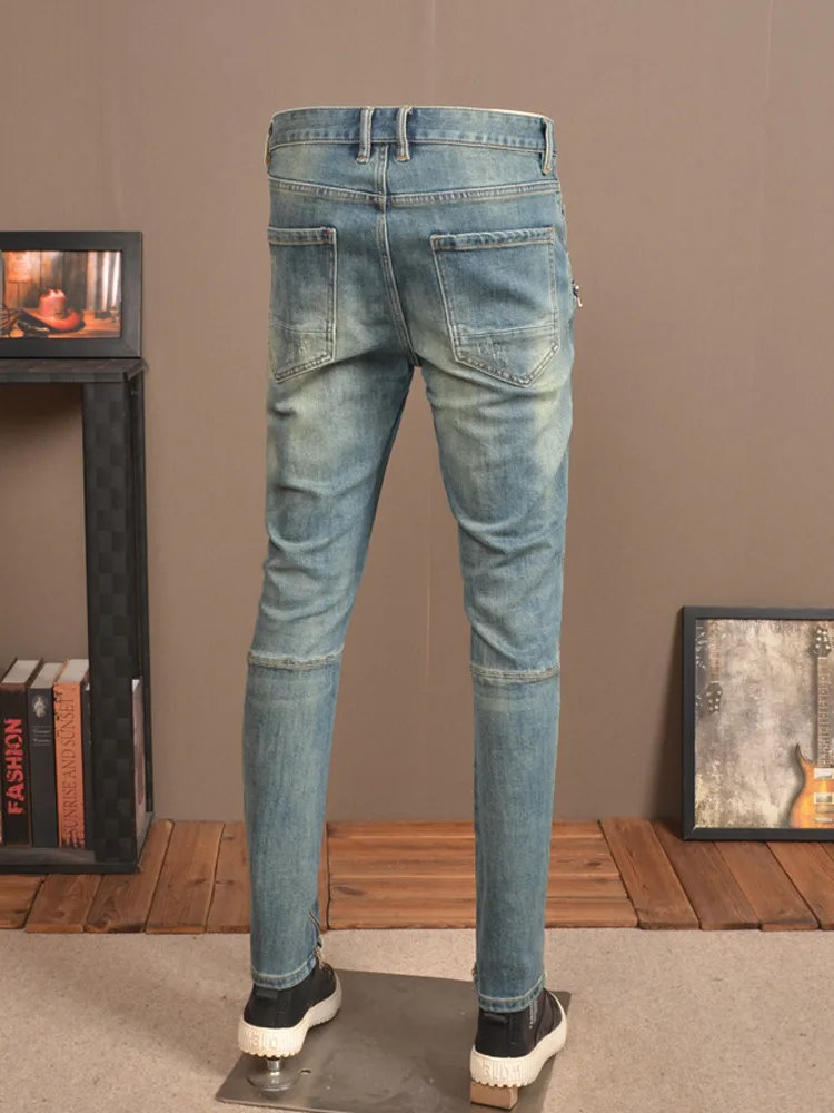 Retro Distressed Stitching Motorcycle Jeans Men's Personalized Men's Clothing Stretch Slim Fit Skinny High-End High Street Pants