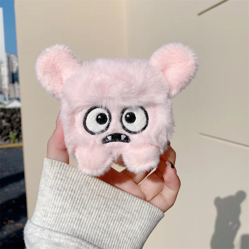 Funny Pink Big Eyes Monster Fluffy Fur Plush Earphone Case for Airpods Pro 4 3 2 1 Headset Protective Cover For Air Pods Pro 3 2