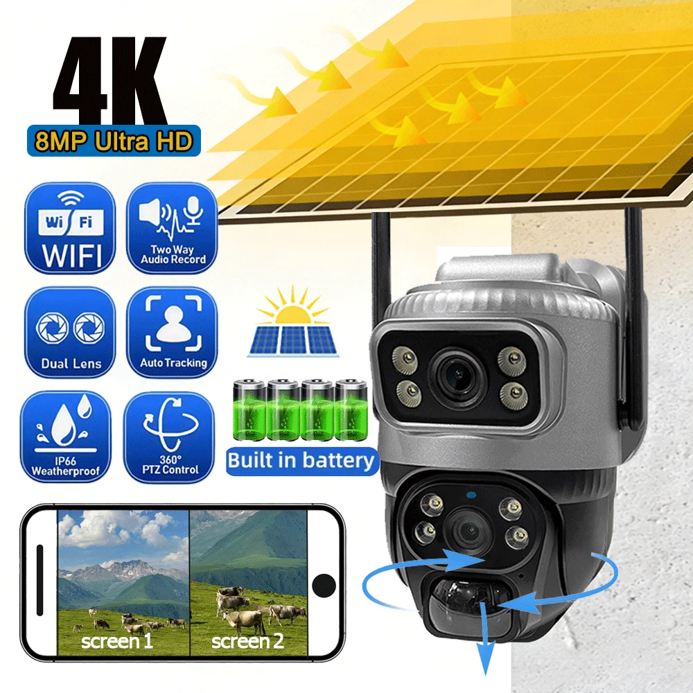 

Dual HD Lens Dual Screen WIFI Solar Camera IP66 Waterproof Outdoor Surveillance Cameras Color Night Vision Two Way Audio CCTV
