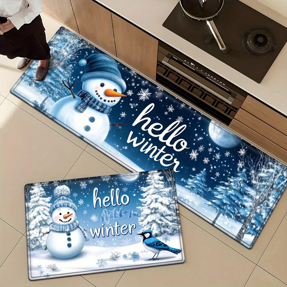 Hello Winter Night Blue Floor Mat Runner Living Room Sofa Side Kitchen Snowman 1/2/3pcs Set Home Decor Bedside Laundry Rugs