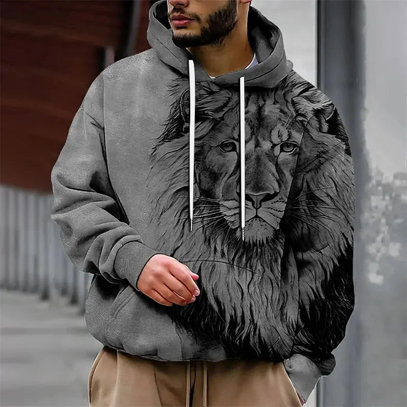 Spring Autumn Men Clothes Long Sleeve Hooded Coat 3D Digital Lion Pattern Print Men Hip Hop Sweatshirt